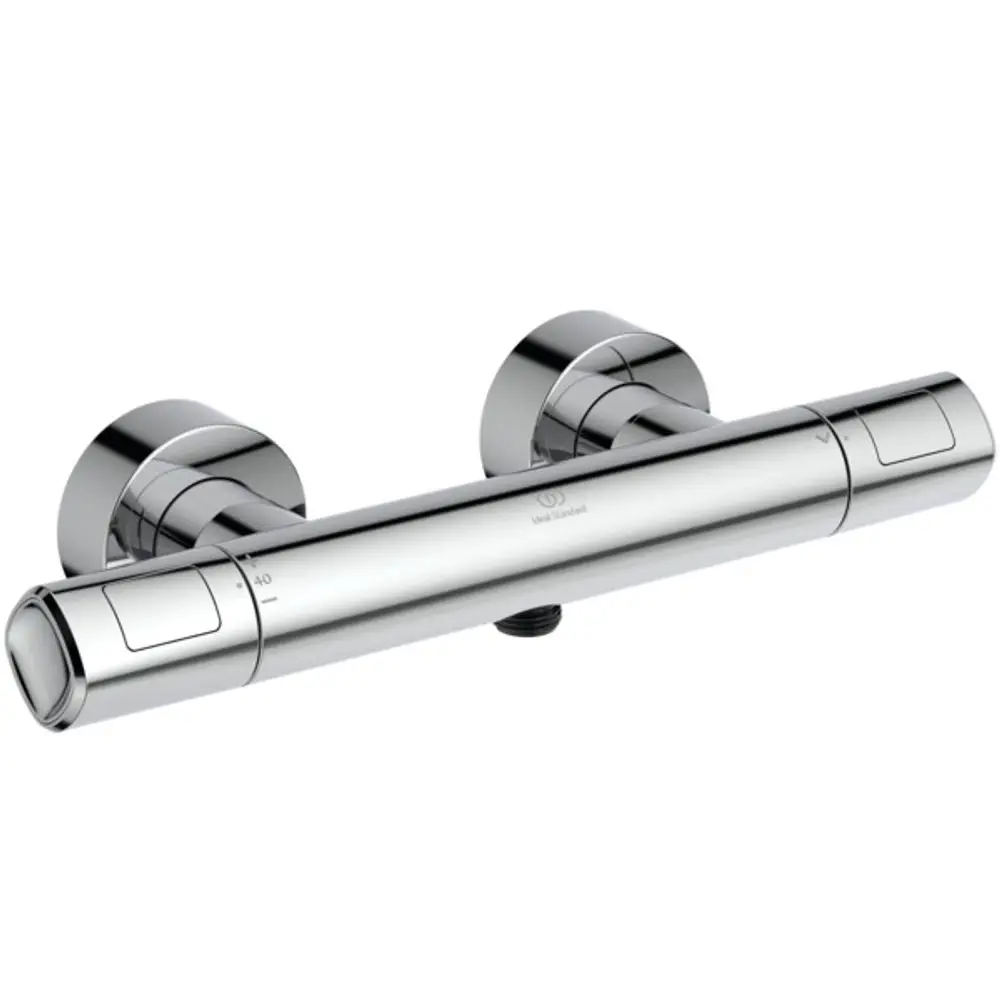 Brausethermostat in chrom, montiert an der Wand, mit zwei runden Bedienelementen, hergestellt von Ideal Standard.